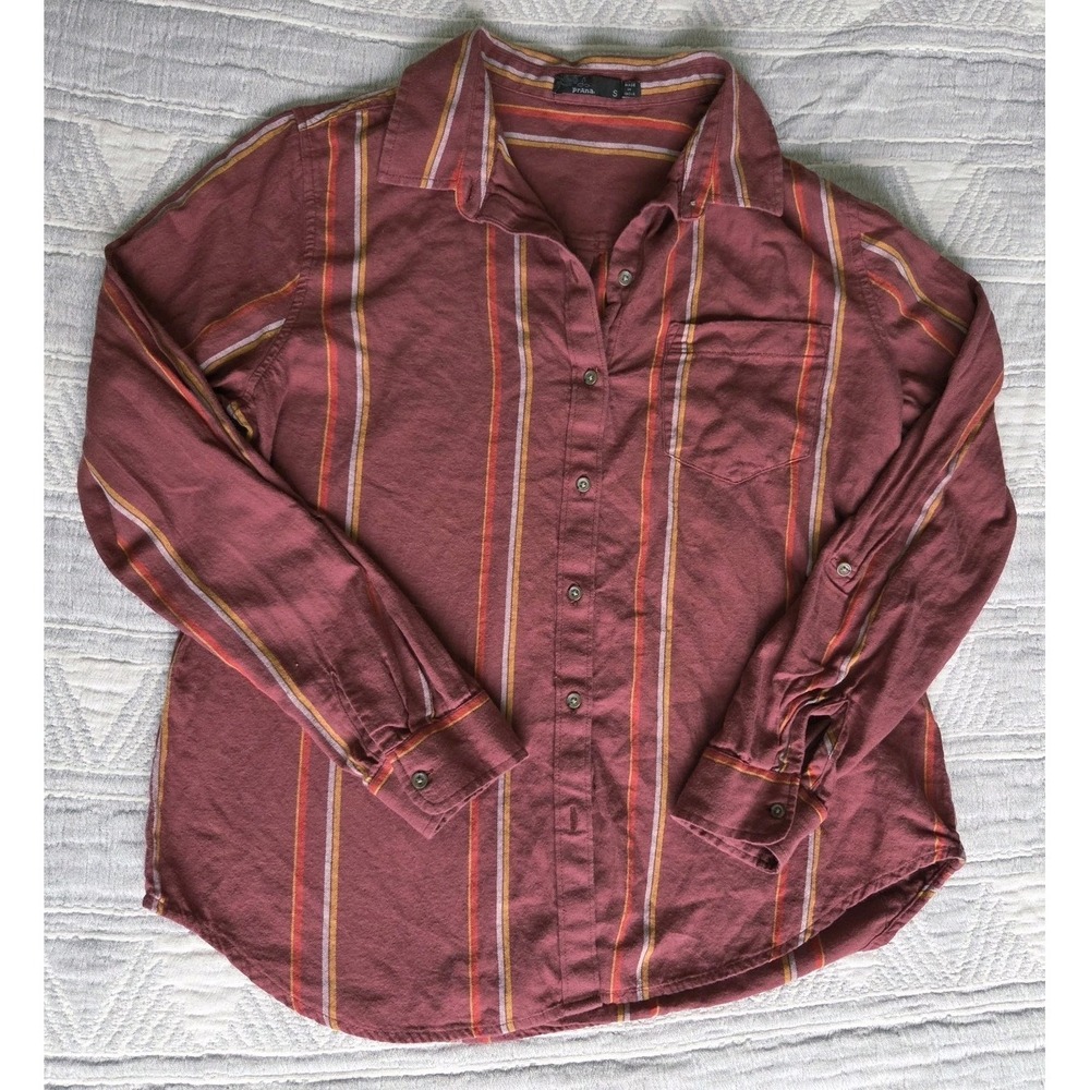 Prana Organic Cotton Button Up Shirt Womens Small Striped Long Sleeve Outdoor Ca